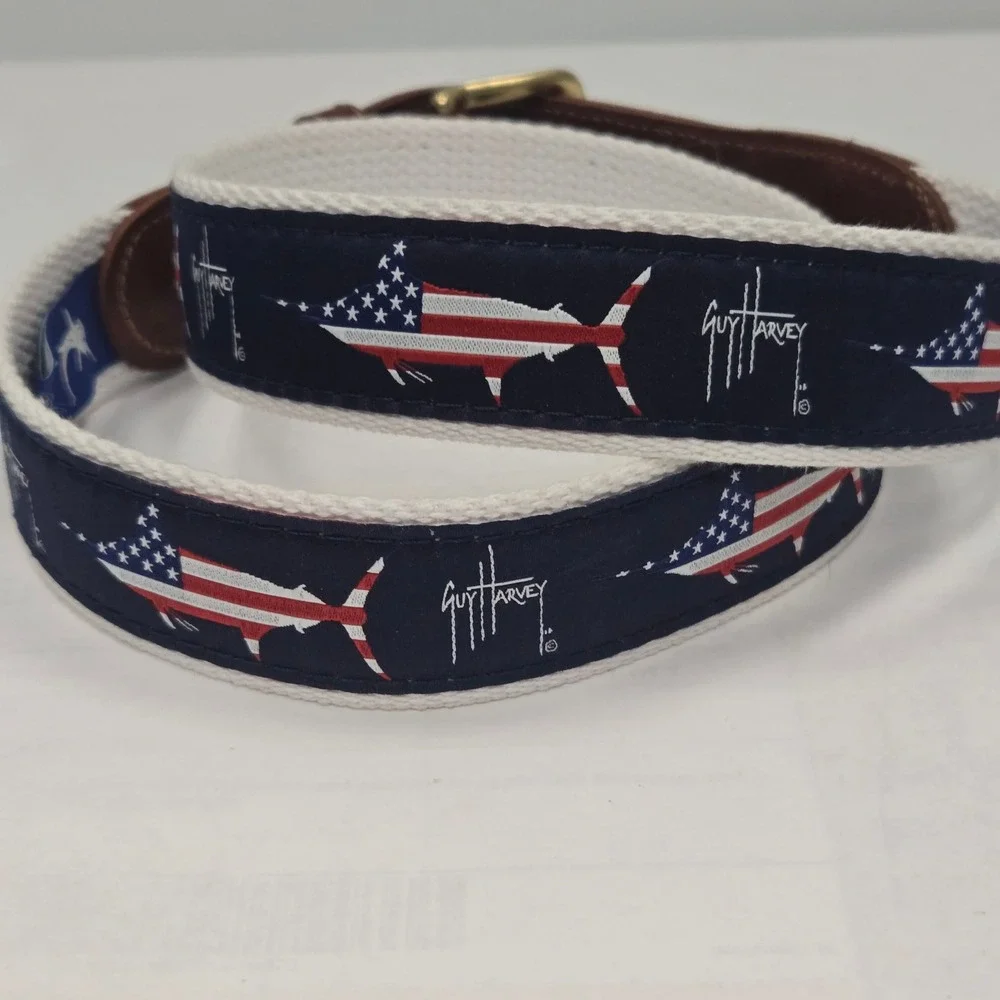 Guy Harvey Mens Marlin American Flag Ribbon Belt Navy White Leather Brass 34